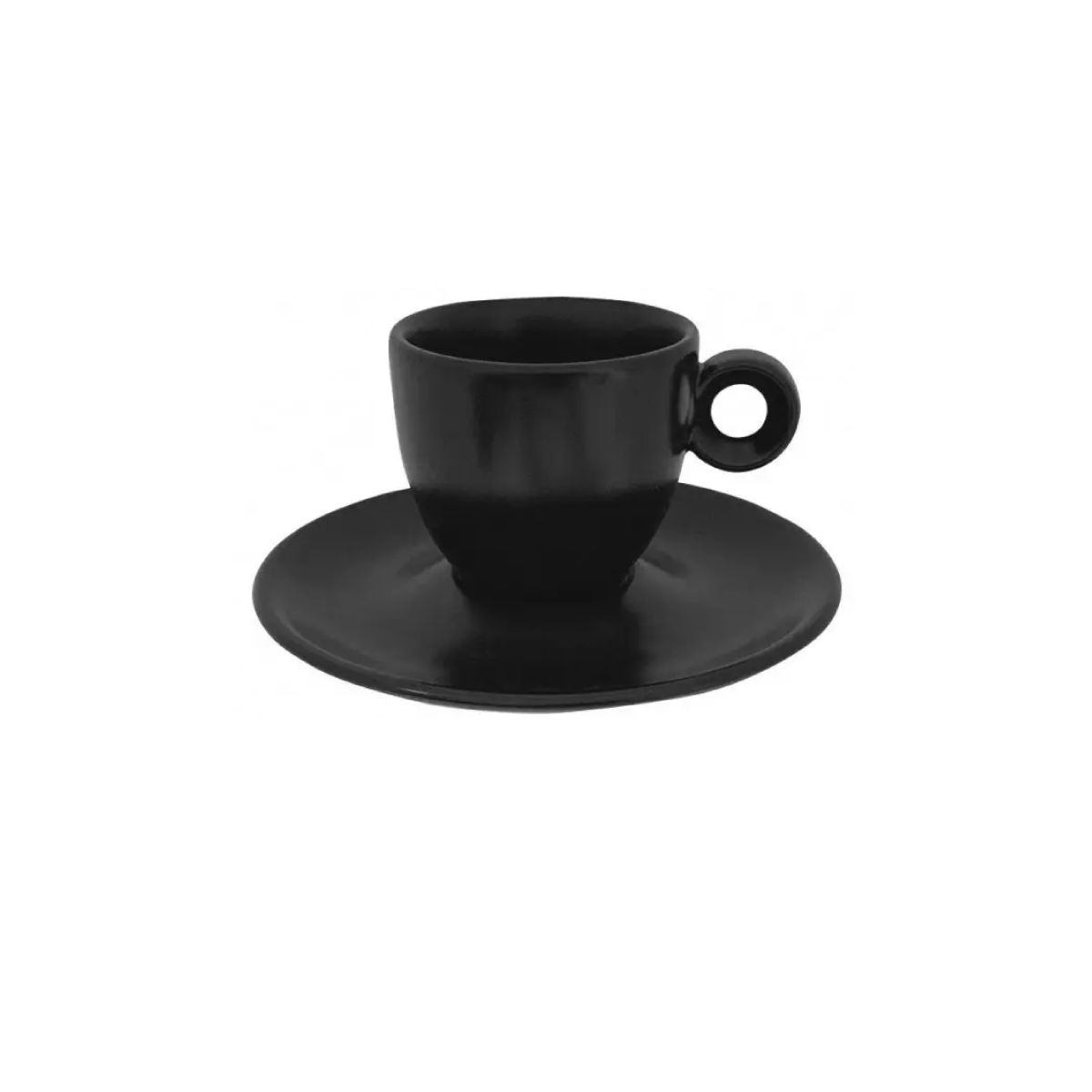 Vorderansicht des mattschwarzen Rondo Espresso 8 cl. SET mit kompakter Tasse und passender Untertasse.
