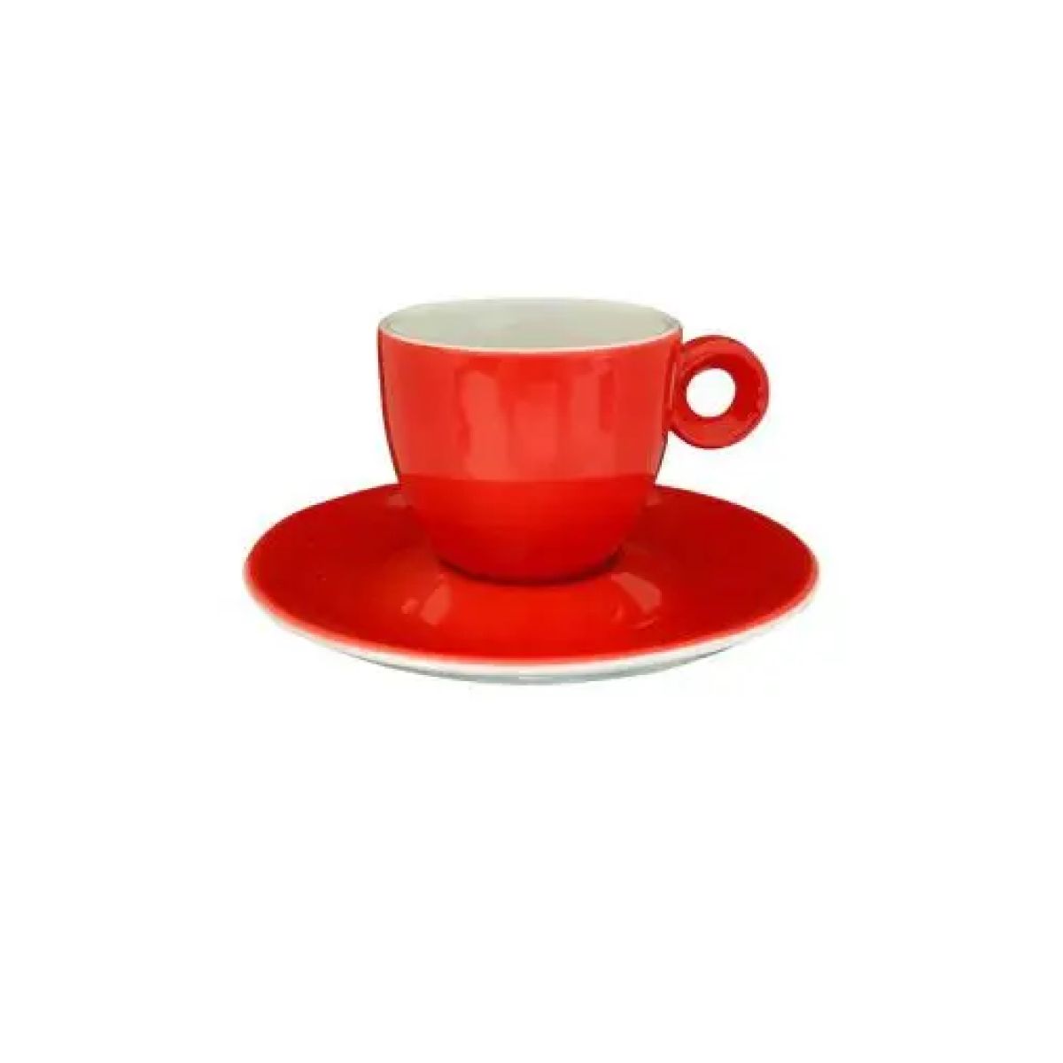 Vorderansicht des rot-weißen Rondo Espresso 8 cl. SET mit kompakter Tasse und passender Untertasse.