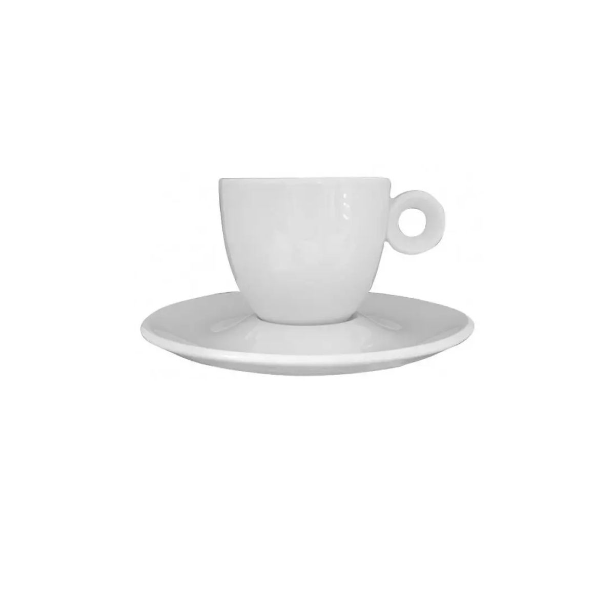 Vorderansicht des weißen Rondo Espresso 8 cl. SET mit kompakter Tasse und passender Untertasse.