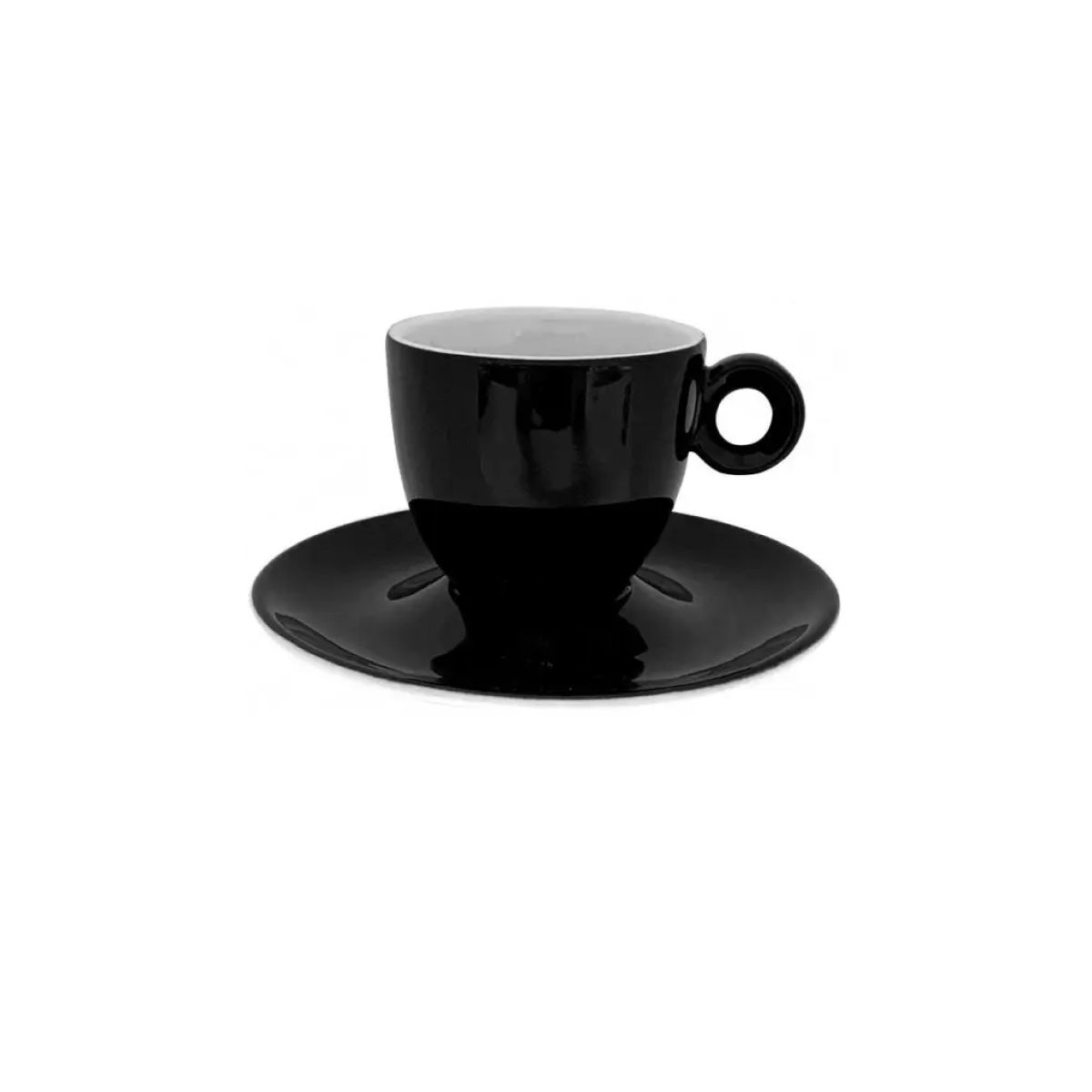 Vorderansicht des schwarz-weißen Rondo Espresso 8 cl. SET mit kompakter Tasse und passender Untertasse.