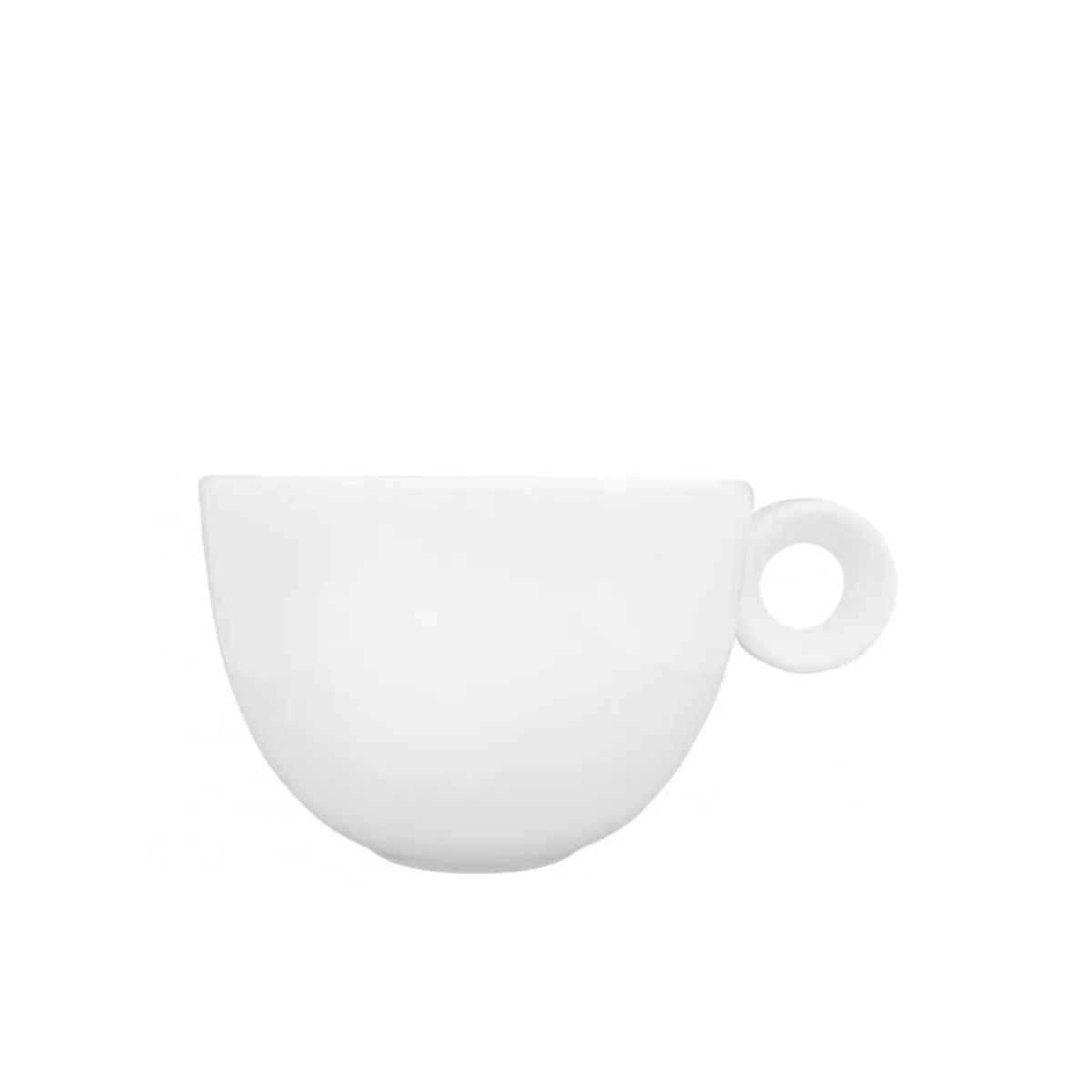 Vorderansicht der Rondo Kaffeetasse 15 cl. aus weißem Porzellan 15 cl. mit runder Form und klassischem Henkel. Vorderansicht der Rondo Kaffeetasse 15 cl. aus weißem Porzellan 15 cl. mit runder Form und klassischem Henkel.