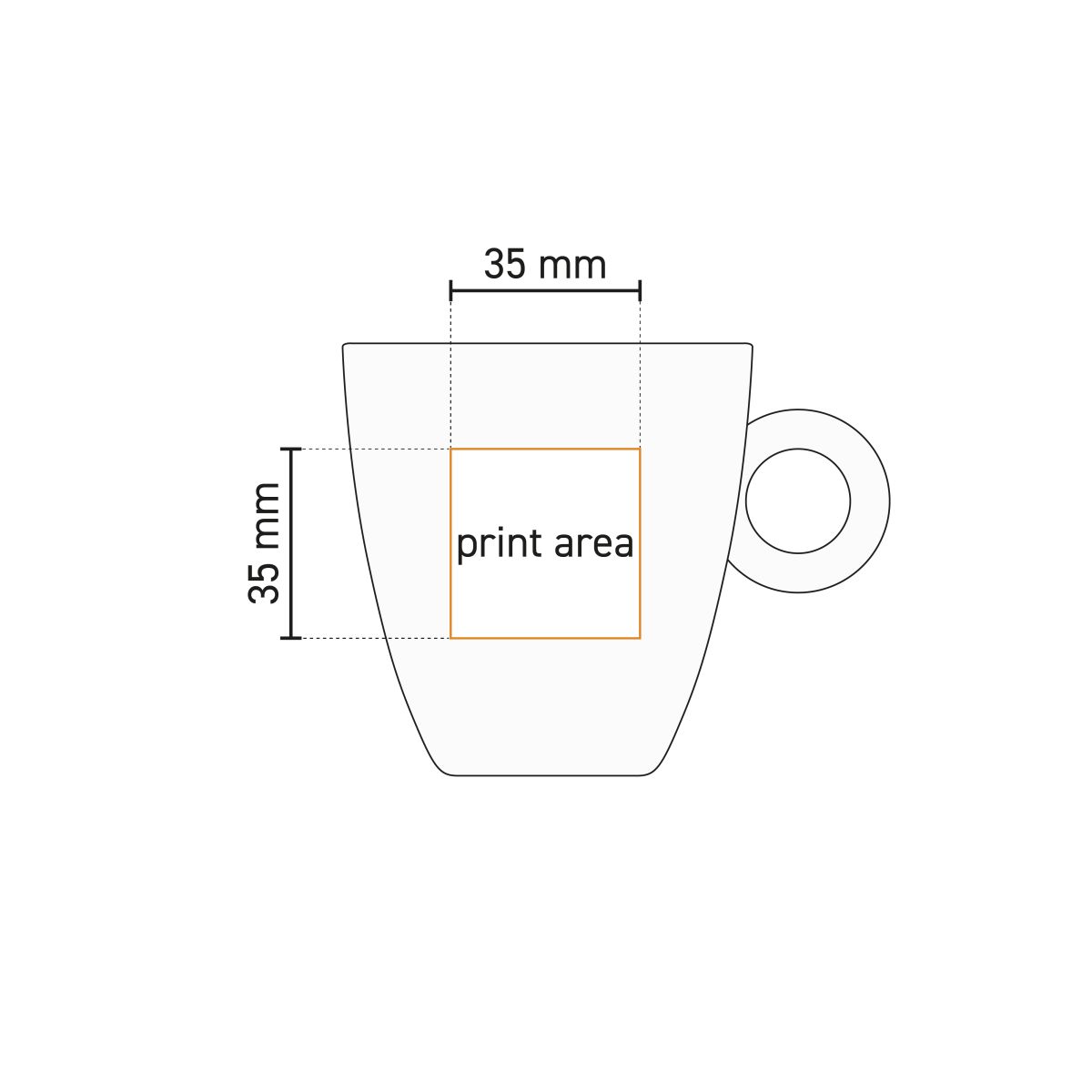 Technische Arbeitszeichnung mit Angabe des Druckbereichs auf der Rondo-Tasse 19 cl. Porzellan.