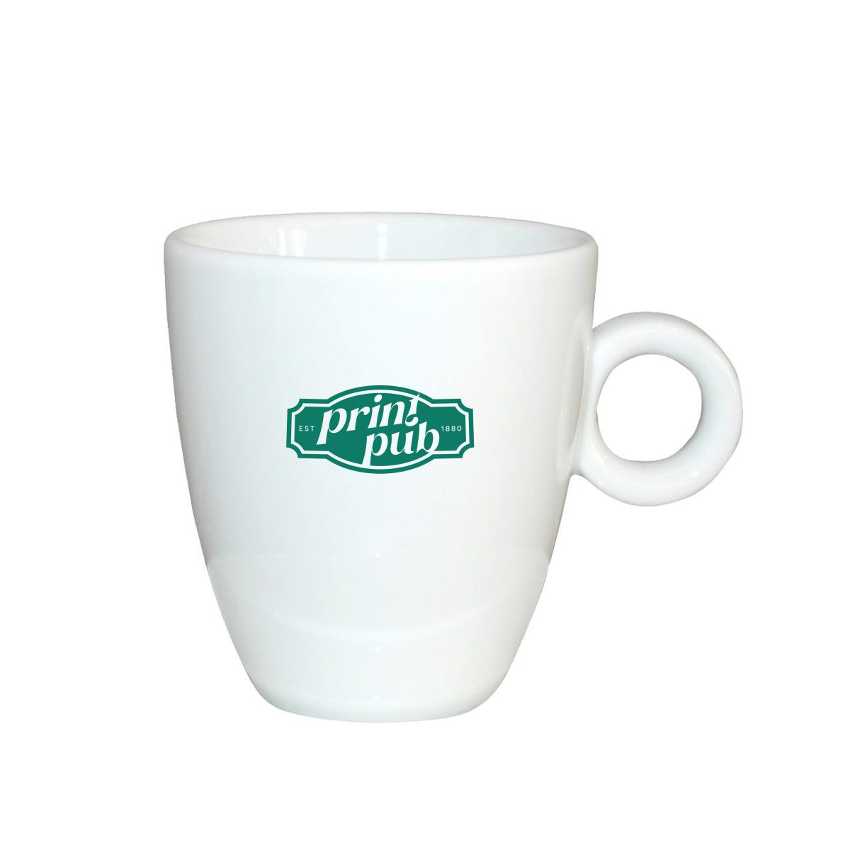 Porzellanbecher Rondo 19 cl. mit einfarbigem PrintPub-Logo auf der Vorderseite.