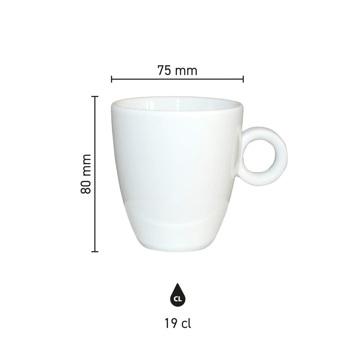 Infografik mit den Abmessungen des Porzellanbechers Rondo 19 cl. einschließlich Höhe und Durchmesser.