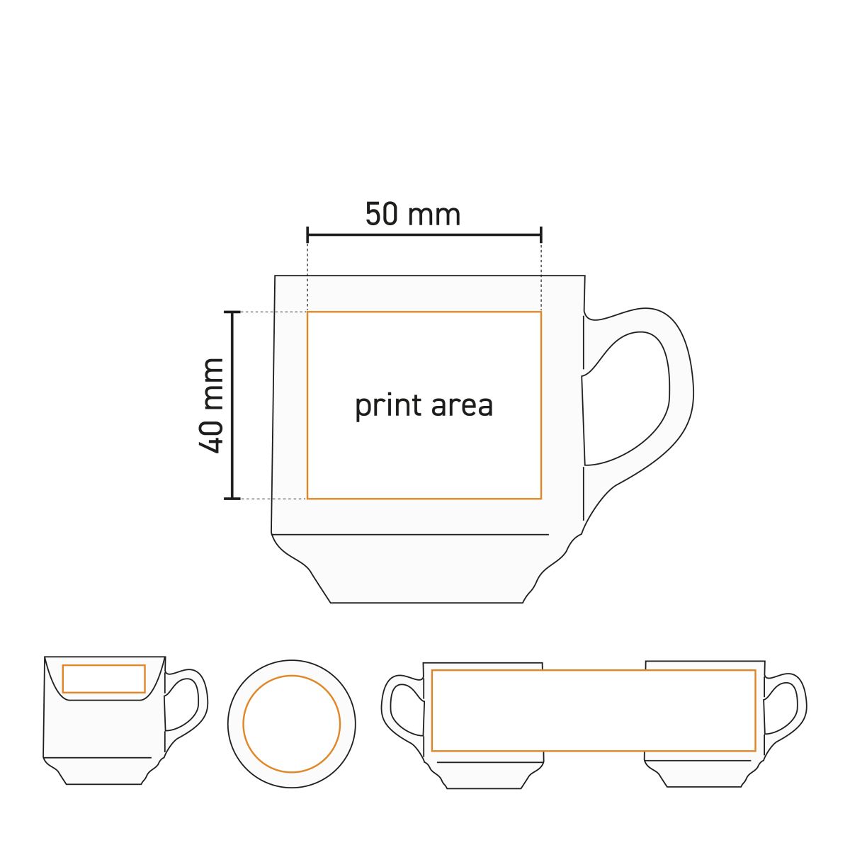 Technische Arbeitszeichnung mit Angabe der Druckfläche auf der Sara Kaffeetasse weiß 14 cl.