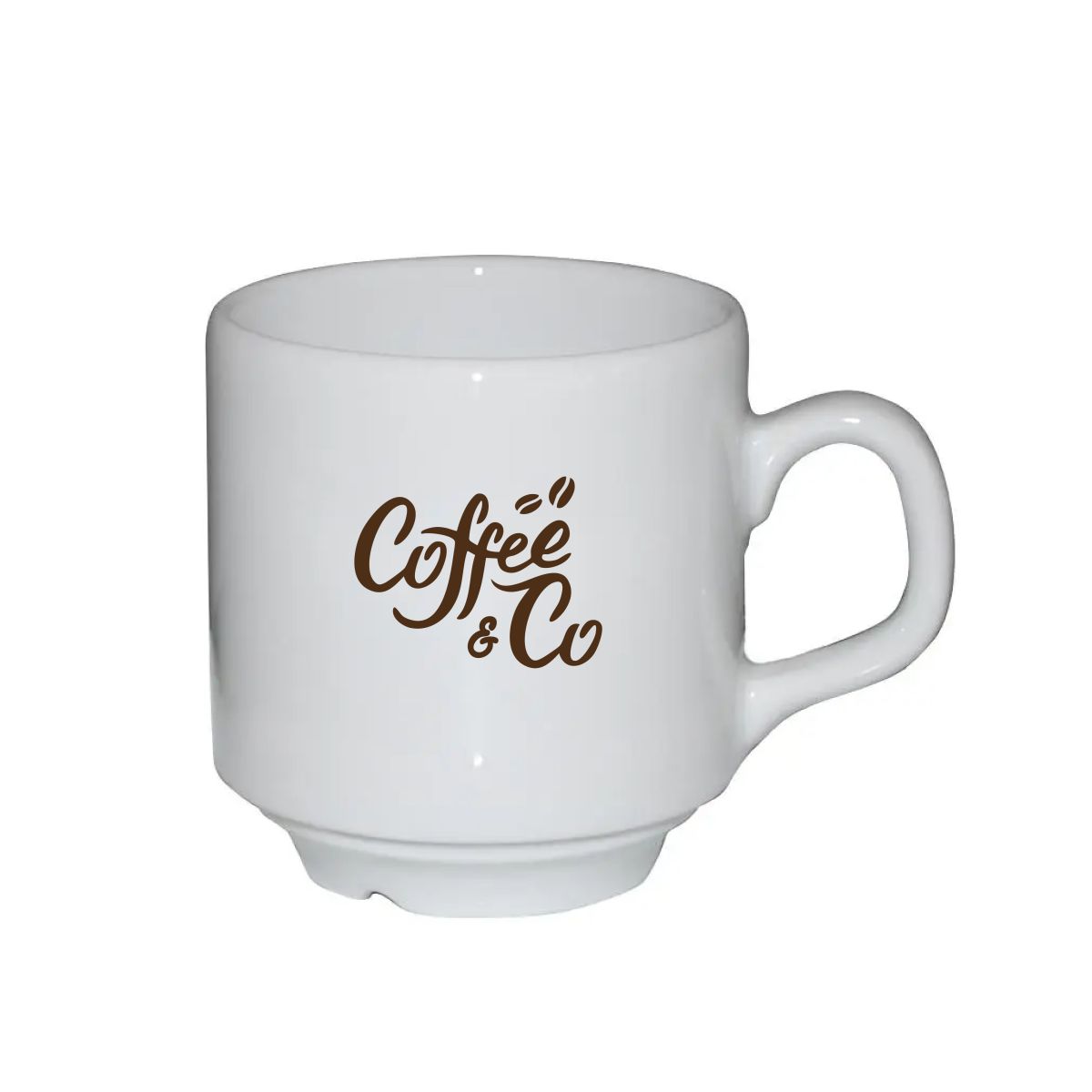 Sara Kaffeetasse weiß 14 cl. mit schwarzem CoffeeCo Logo einfarbig auf der Vorderseite gedruckt.