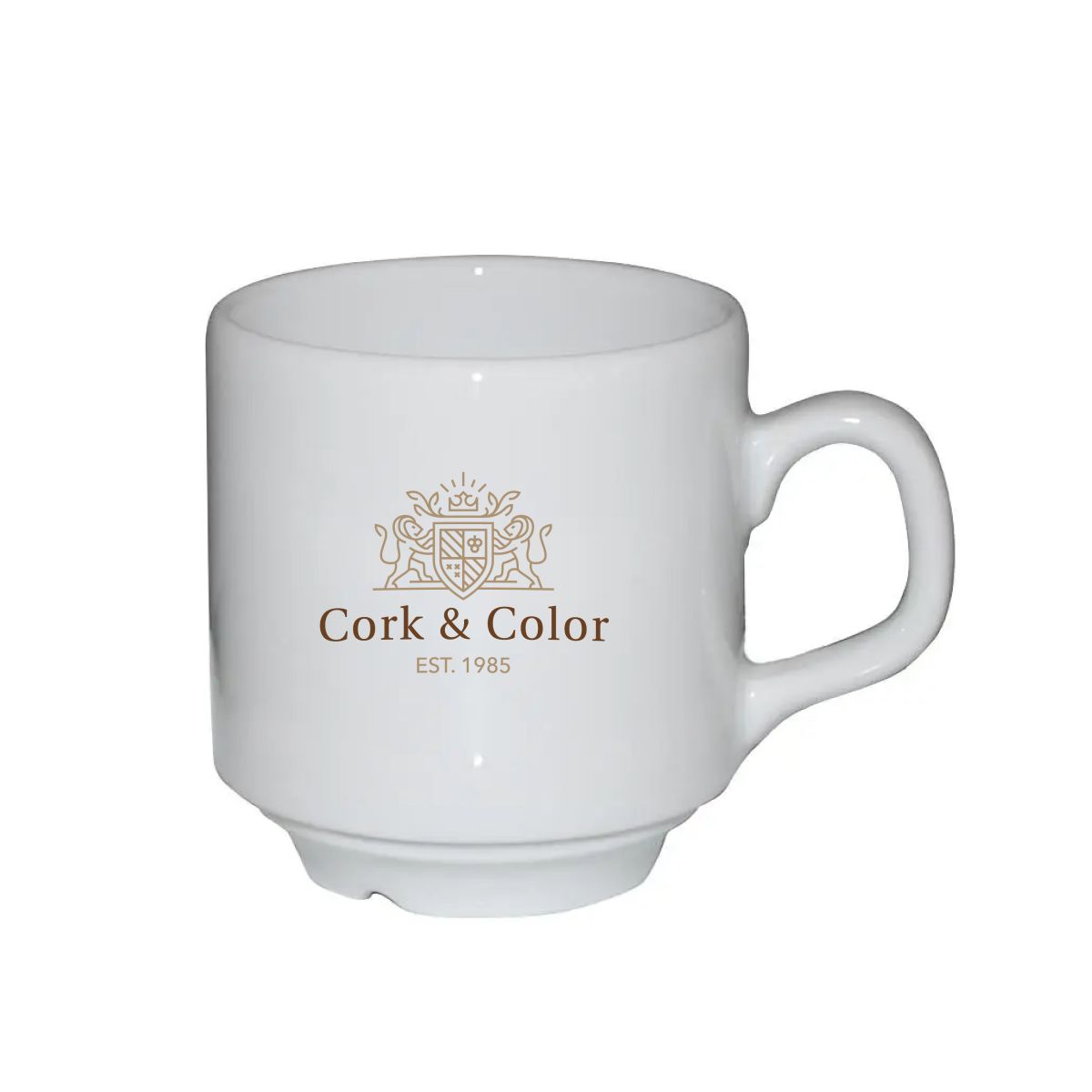 Sara Kaffeetasse weiß 14 cl. mit mehrfarbigem CorkColor Logo mittig auf der Vorderseite.