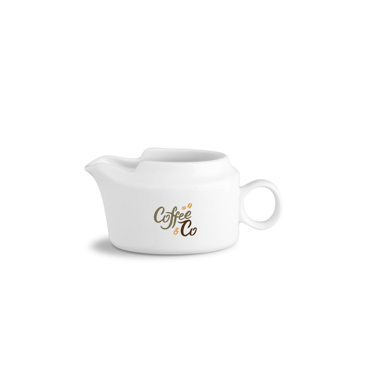 Sauciere 10 cl. Porzellan, vorne mit auffälligem CoffeeCo-Logo in mehreren Farben bedruckt.