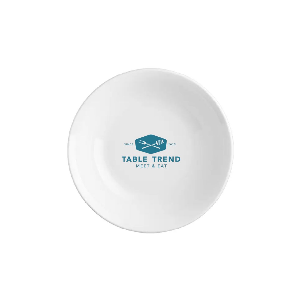 Vorderansicht der Porzellanschale 13 cm mit TableTrend-Logo in einem Druckton für das Branding.