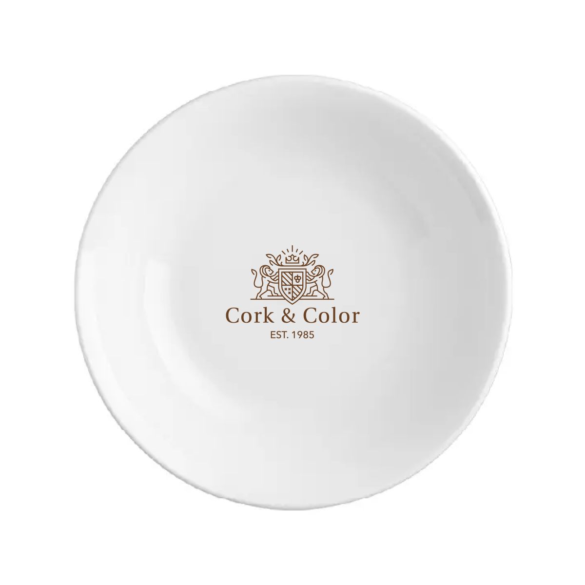 Weiße Schüssel Princip 20 cm mit aufgedrucktem CorkColor-Logo in einer Farbe auf der Vorderseite sichtbar.