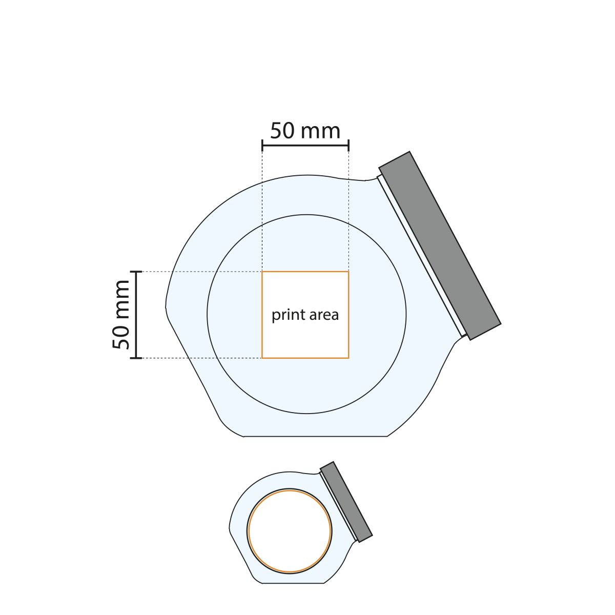 Technische Arbeitszeichnung eines gläsernen Bonbonglases mit silbernem Deckel, einschließlich markiertem Druckbereich.