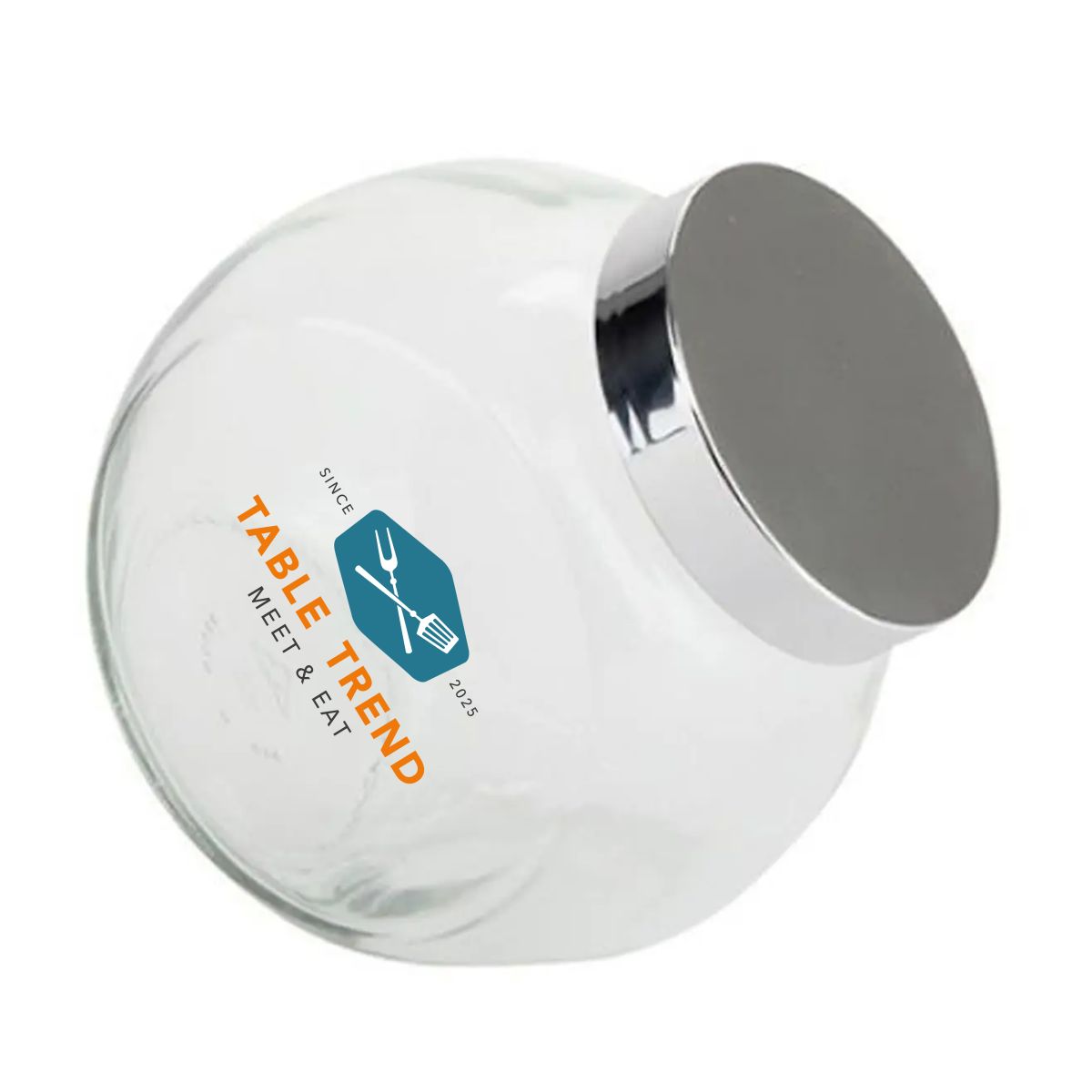 Bonbonglas mit silbernem Deckel und mehrfarbigem TableTrend-Logo auf der Vorderseite.