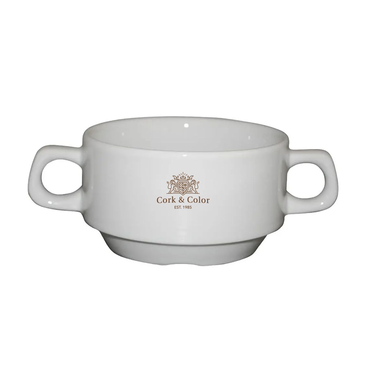 Suppentasse 2 Henkeln weiß 30 cl. aus weißem Porzellan mit einfarbigem CorkColor-Logo auf der Frontplatte