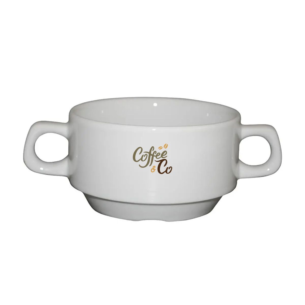 Suppentasse 2 Henkeln weiß 30 cl. aus weißem Porzellan mit mehrfarbigem CoffeeCo-Logo auf der Frontplatte