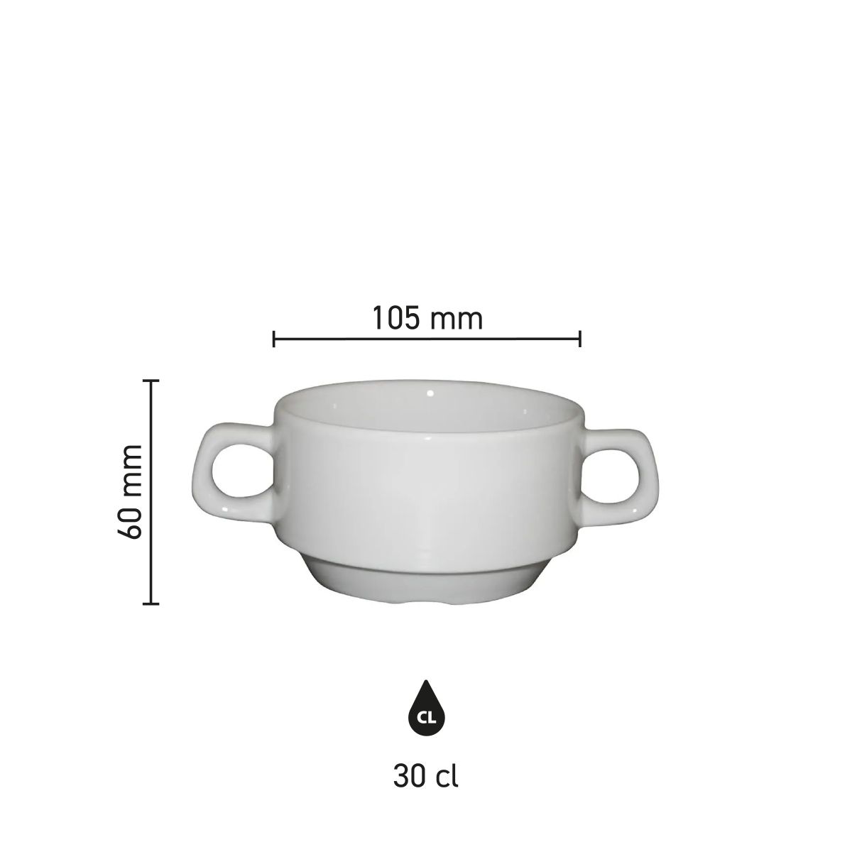 Suppentasse 2 Henkeln weiß 30 cl. aus weißem Porzellan mit Höhe, Durchmesser und Fassungsvermögen in Infografik