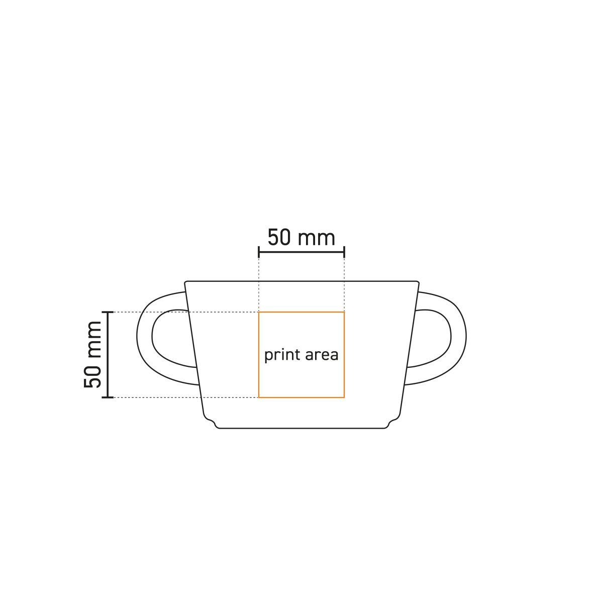 Technische Arbeitszeichnung der Budgetline Neo Suppentasse 30 cl Porzellan mit markierter Druckfläche.