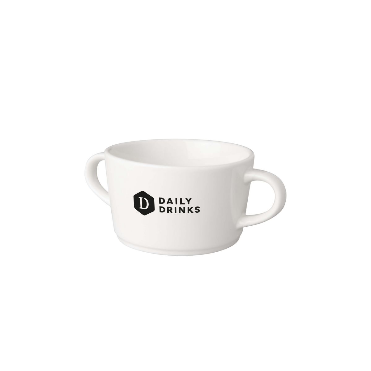 Suppentasse weiß Budgetline Neo 30 cl Porzellan mit DailyDrinks Logo in einer Farbe auf der Vorderseite.