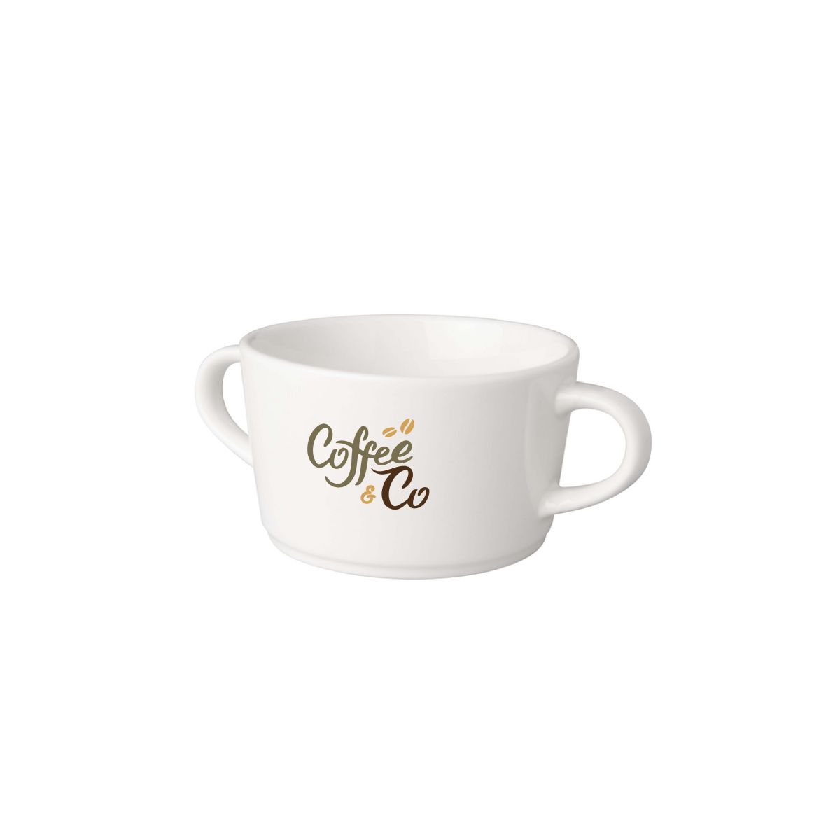 Vorderansicht der Budgetline Neo Suppentasse 30 cl Porzellan mit CoffeeCo Logo in verschiedenen Farben.