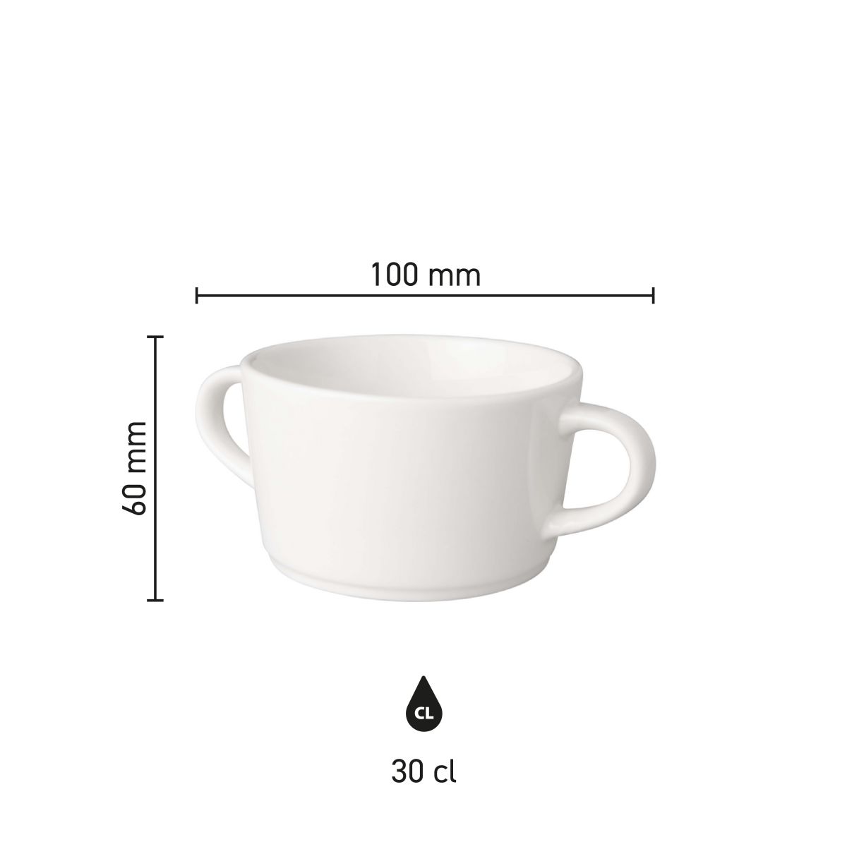 Die Infografik zeigt die Produktabmessungen der Suppentasse Budgetline Neo 30 cl Porzellan mit Durchmesser und Höhe.