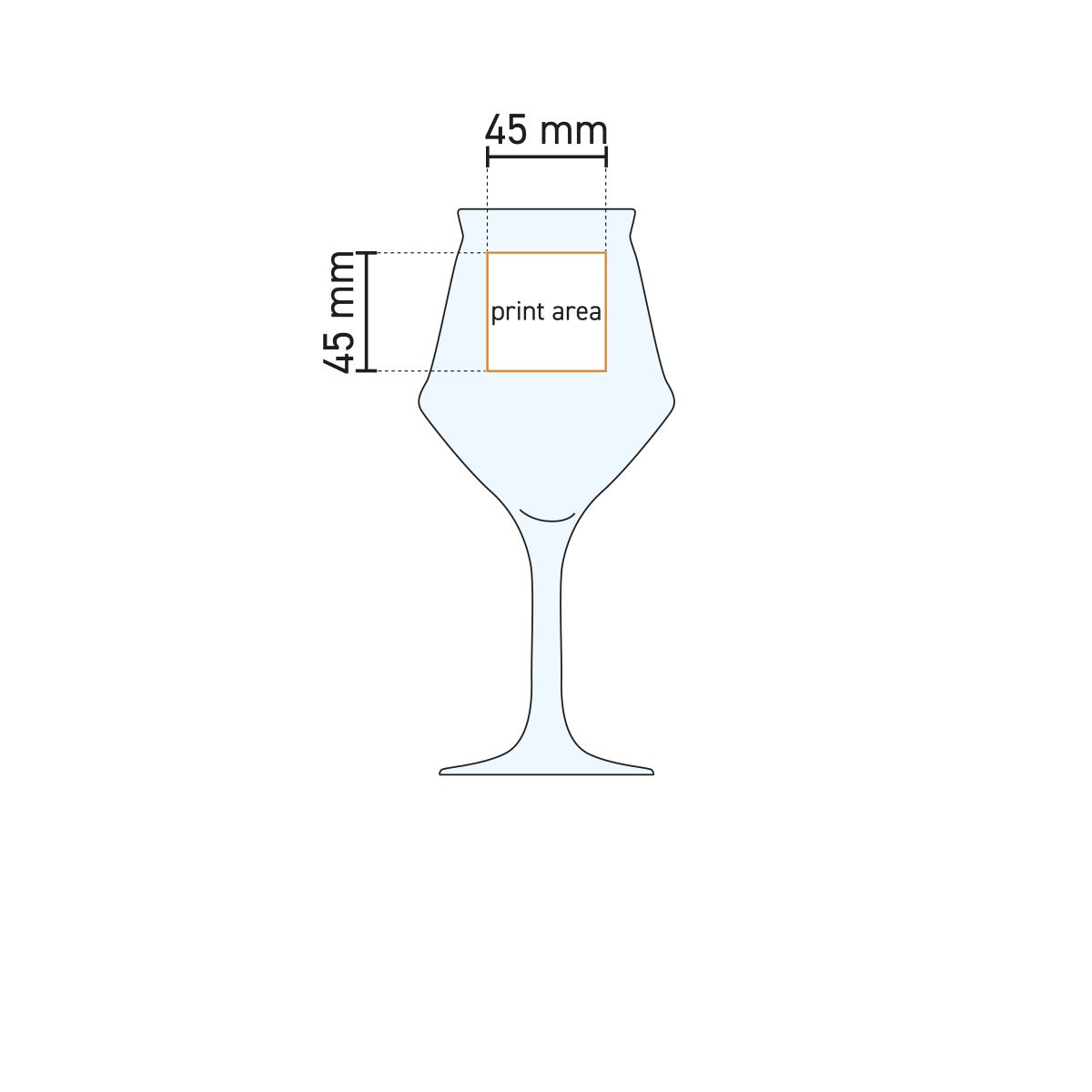 Technische Arbeitszeichnung mit Angabe der Druckfläche auf dem Sommelier Kelch Glas 40 cl.