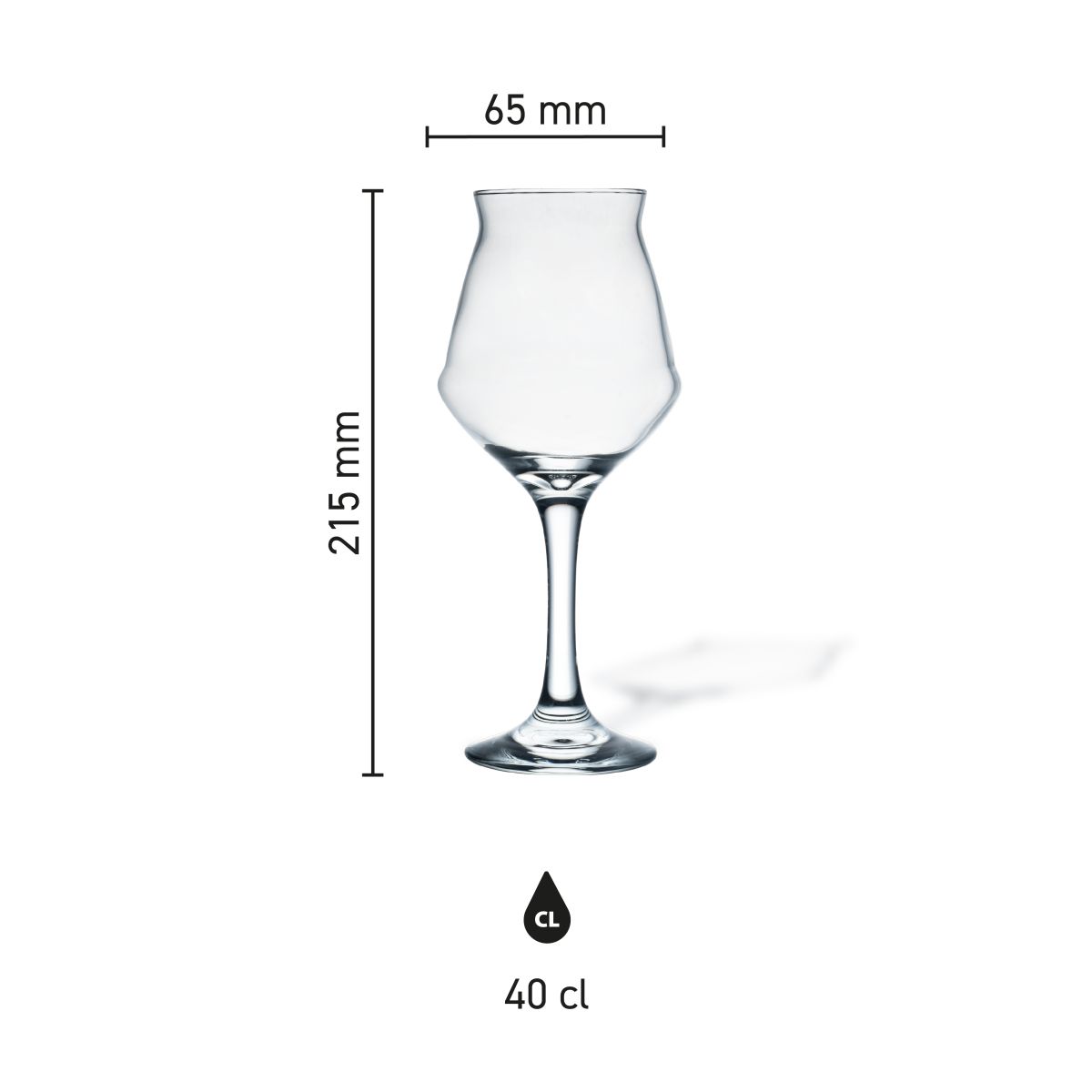 Maße des Sommelier-Kelches (40 cl) mit Höhe, Durchmesser und Fassungsvermögen in einer Infografik