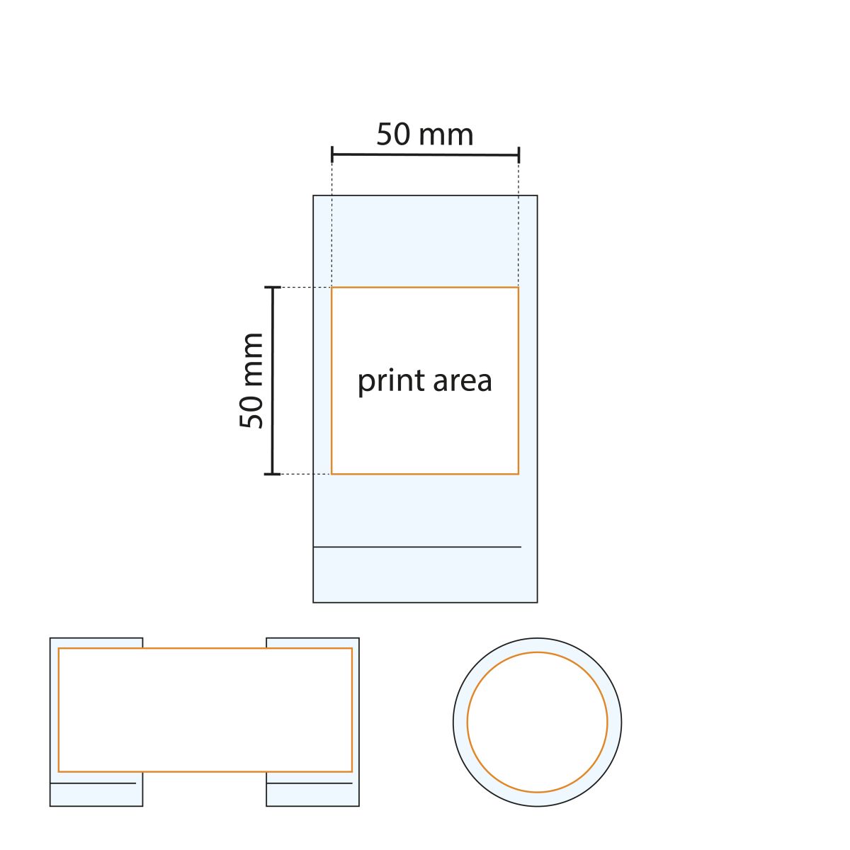Die technische Arbeitszeichnung zeigt die Druckfläche auf dem 21-cl-Spritzglas aus Glas.