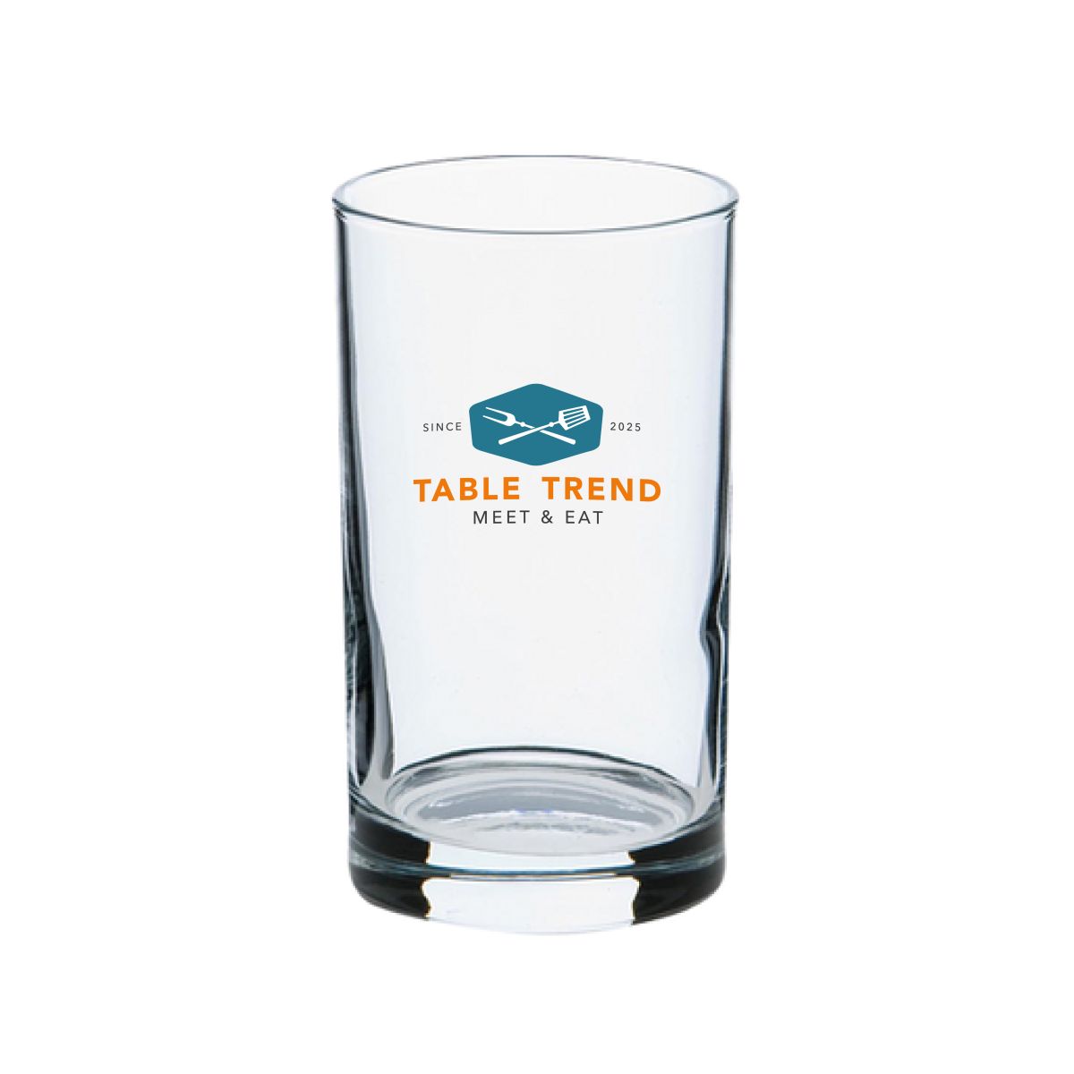 Splash glass 21 cl aus Glas mit mehrfarbigem TableTrend-Logo auf der Vorderseite.
