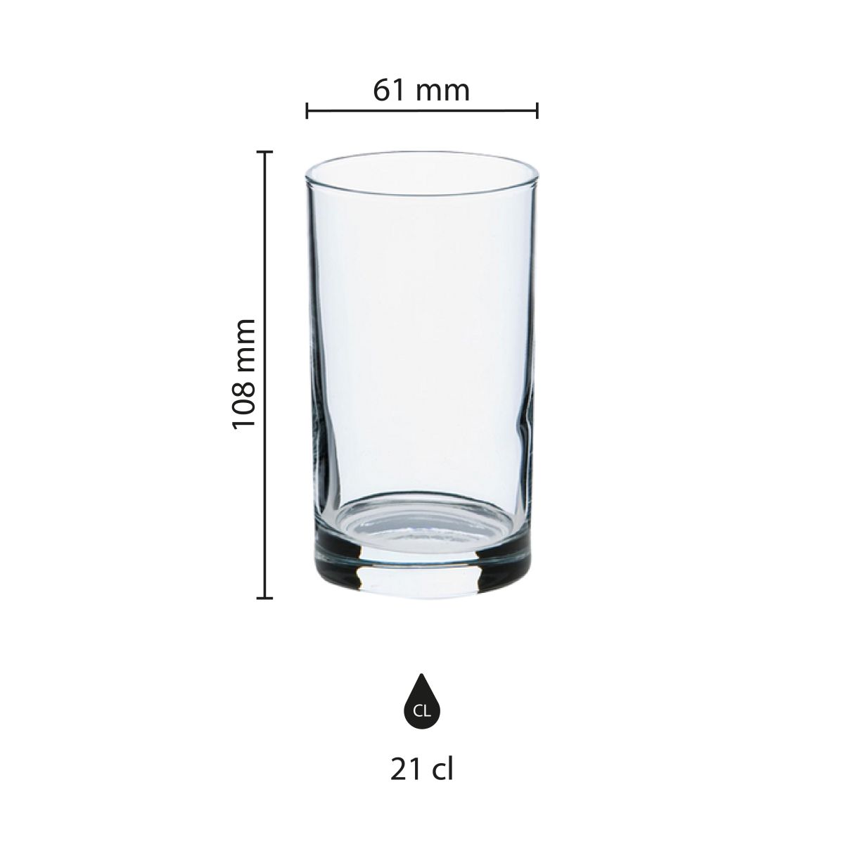 Die Infografik zeigt die Abmessungen des 21-cl-Glases splash glass im Detail.