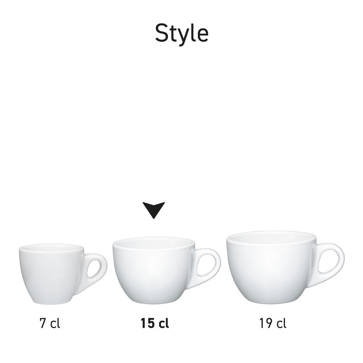 Serienanordnung von mehreren Style Kaffeetassen 15 cl. Porzellan in weiß.