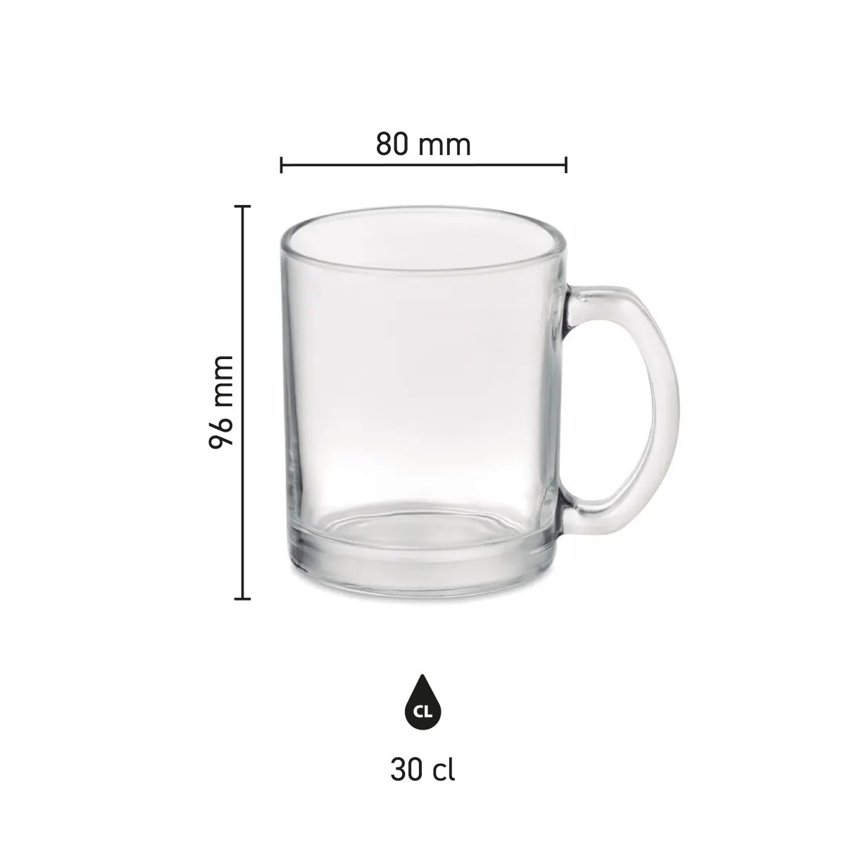 Die Infografik zeigt die genauen Abmessungen des Sublimok Kitty Glasbechers 30 cl, einschließlich Höhe und Durchmesser.
