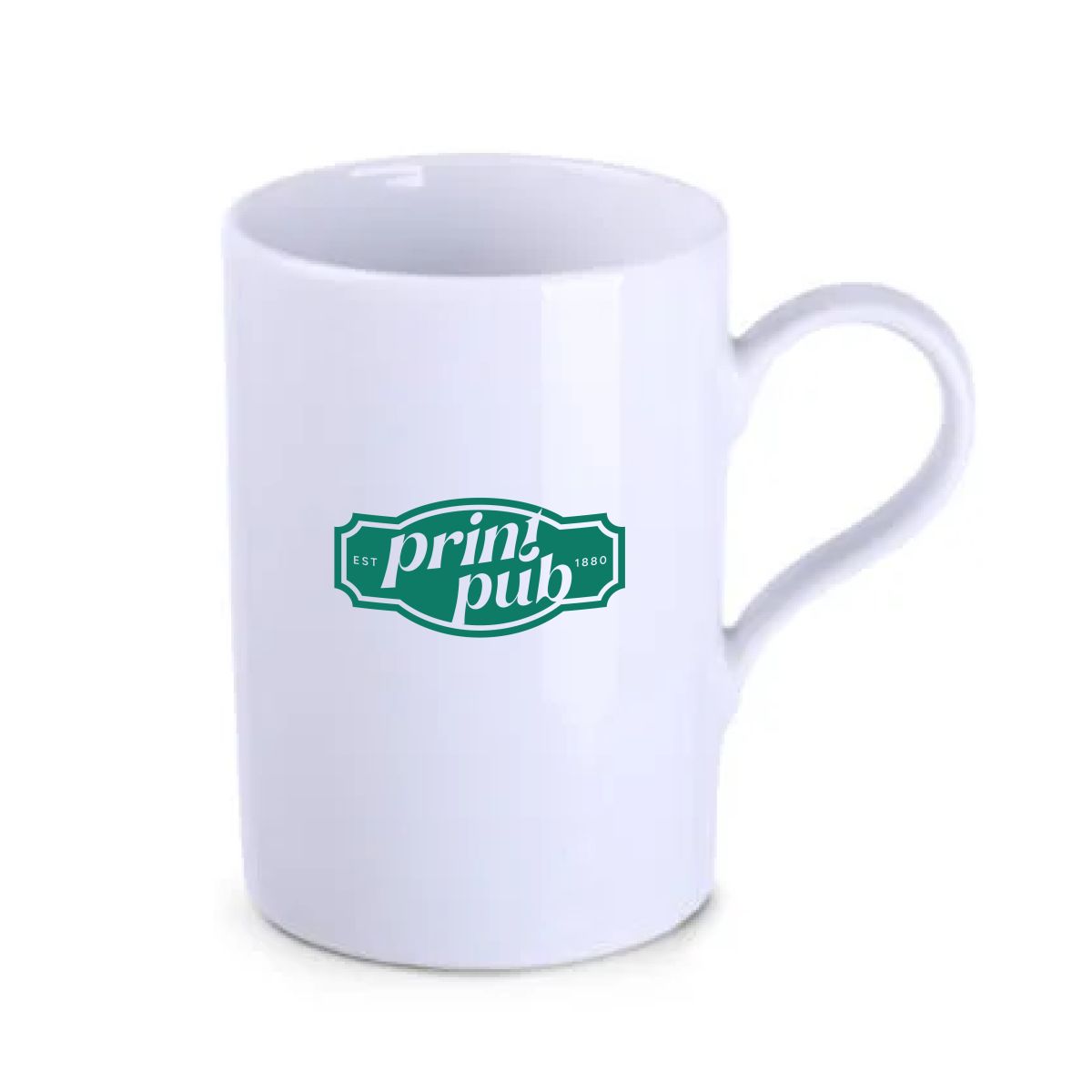 Porzellanbecher Tango 29 cl. mit grünem PrintPub-Logo auf der Vorderseite, einfarbig bedruckt.