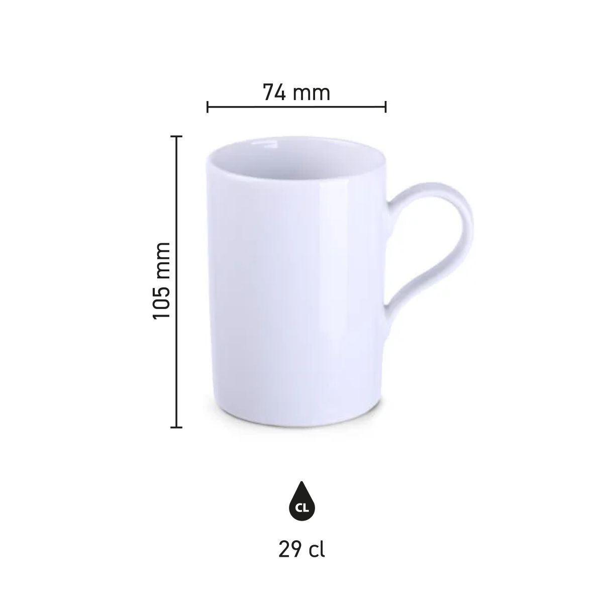 Die Infografik zeigt die Abmessungen des Porzellanbechers Tango 29 cl mit klaren Maßen.