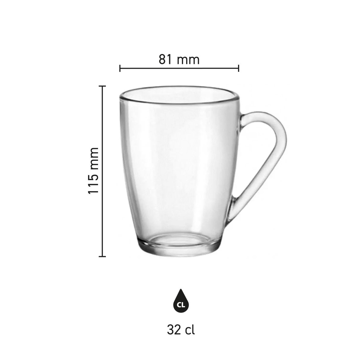 Die Infografik zeigt die Produktabmessungen des Teeglas Icon 32 cl.ie Höhe, Durchmesser und Fassungsvermögen.