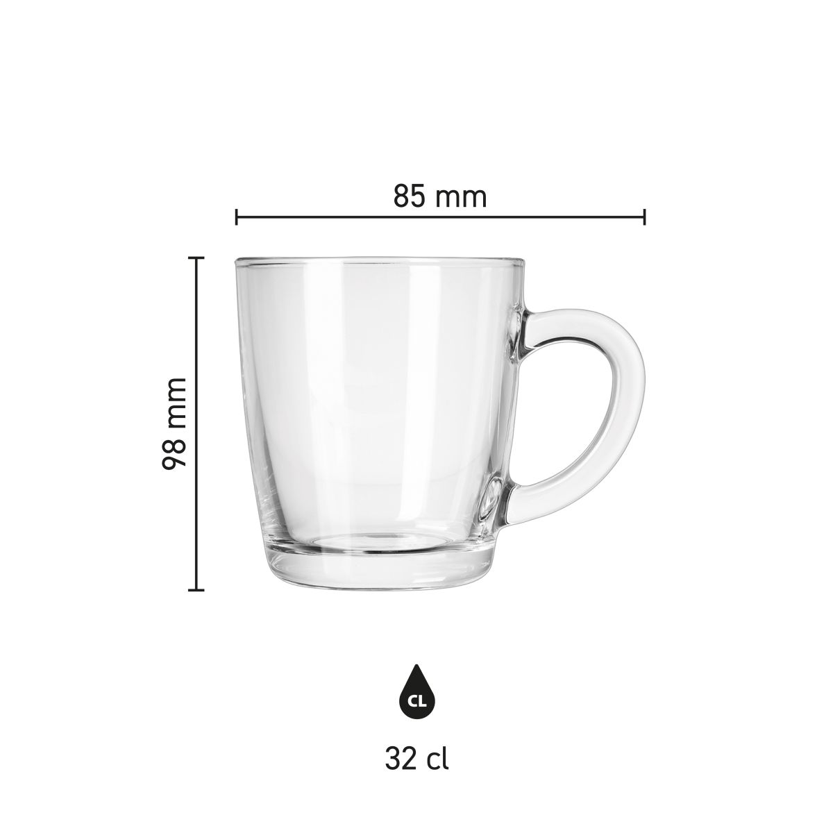 Die Infografik zeigt die Produktabmessungen des Teeglas New Morning 32 cl. gravieren mit Höhe und Durchmesser.