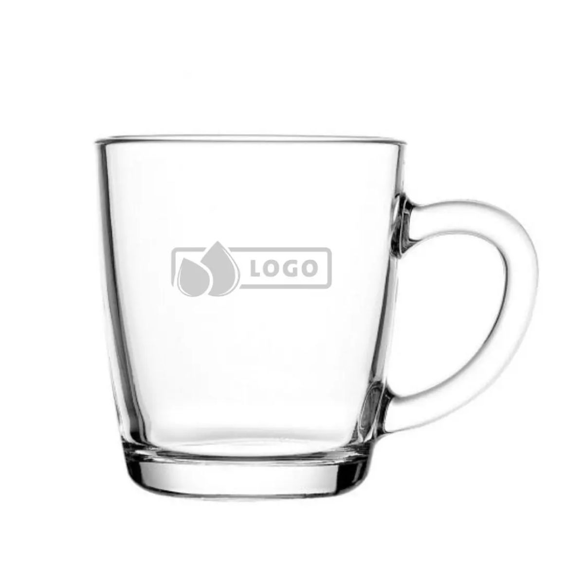 Gravur des Logos auf der Vorderseite des Teeglas New Morning 32 cl. gravieren dezent sichtbar in der Glasoberfläche.
