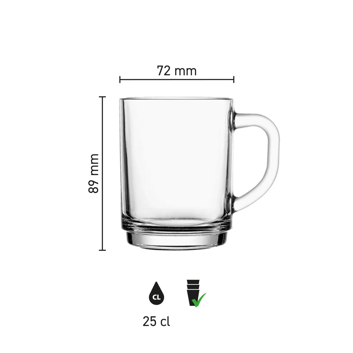 Die Infografik zeigt die Höhe, den Durchmesser und das Volumen des Teeglas Stapelo 25 cl. gravieren mit Gravur.