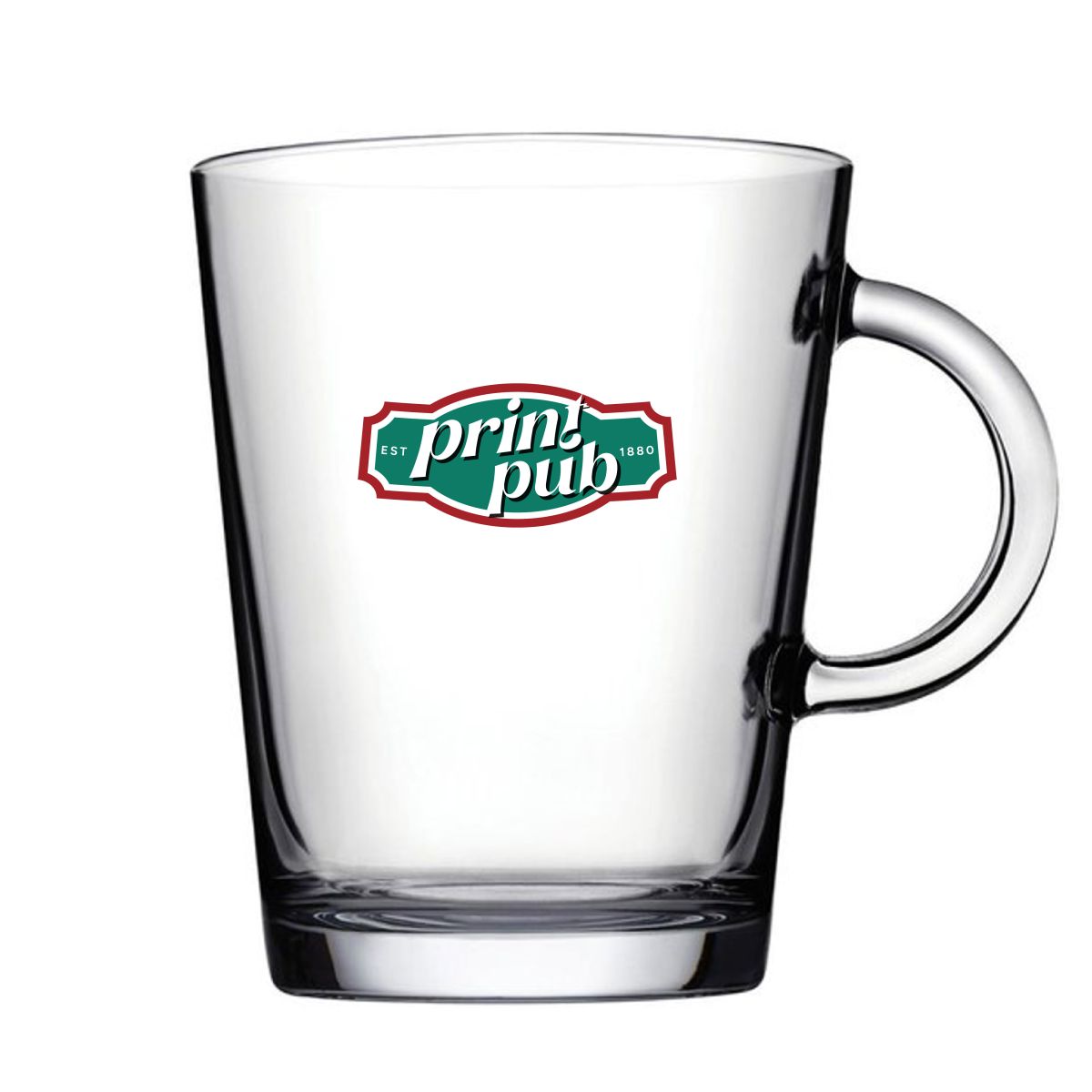 Transparentes Teeglas Tribeca 40 cl. mit mehrfarbigem PrintPub-Logo auf der Vorderseite.