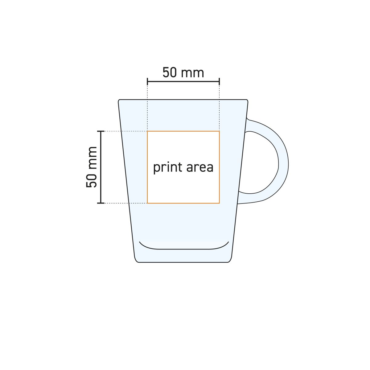 Die technische Arbeitszeichnung zeigt die verfügbare Druckfläche auf der Oberfläche des Teeglas Tribeca 40 cl.