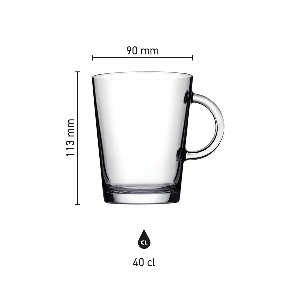 Die Infografik zeigt Höhe, Durchmesser und Fassungsvermögen des Teeglas Tribeca 40 cl.