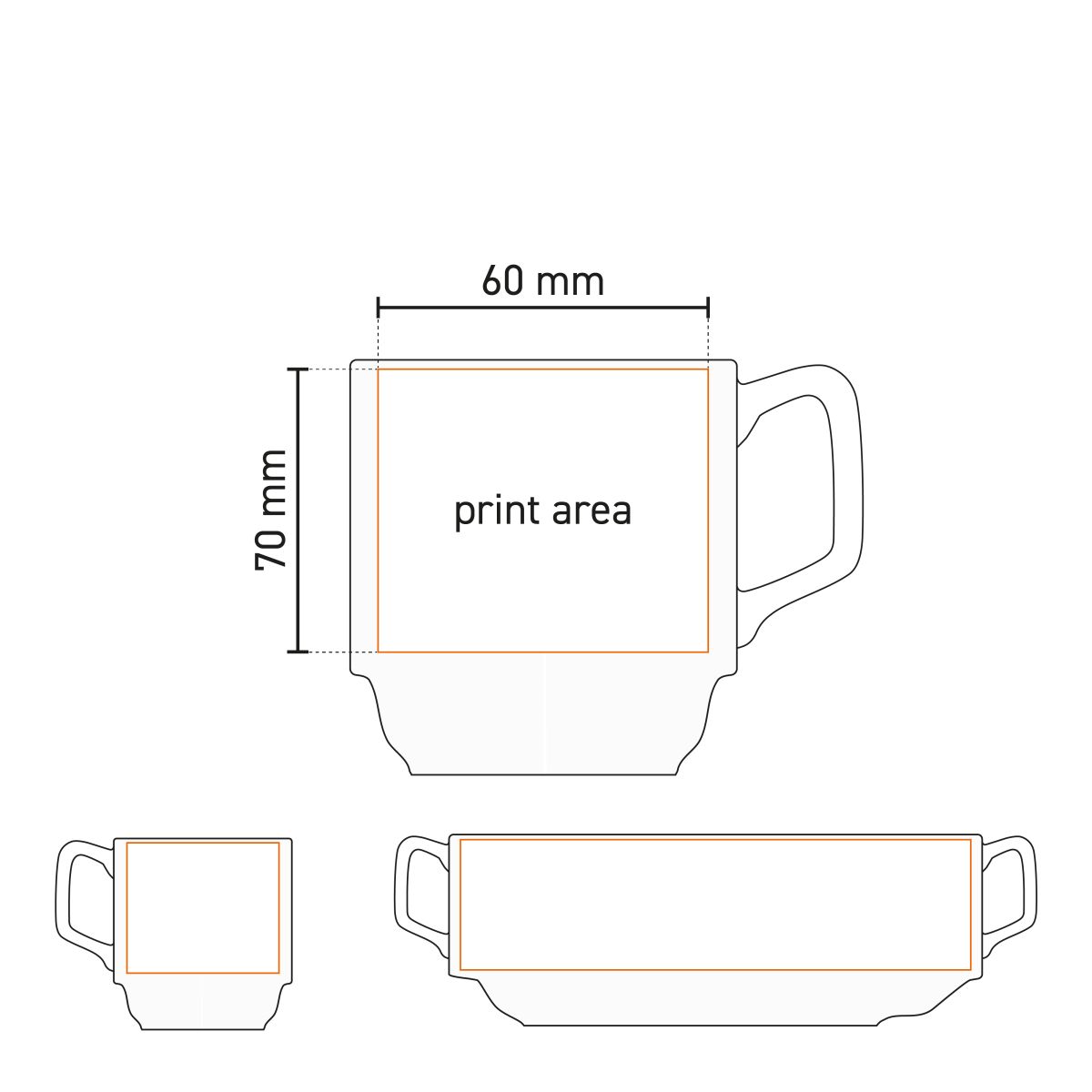 Technische Arbeitszeichnung mit Druckfläche für Logo auf Torino Becher 28 cl. Porzellan.