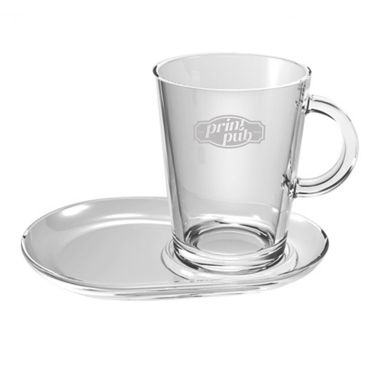 Gravur des PrintPub-Logos auf Tribeca Tea Glas 40 cl mit leerem Unterteller, Vorderansicht.