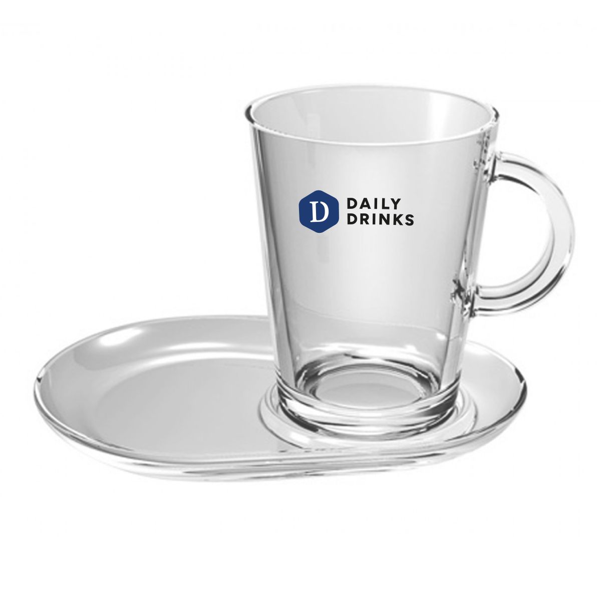 Vorderansicht des Tribeca Tea Glases 40 cl mit mehrfarbigem DailyDrinks Logo auf dem Glas.