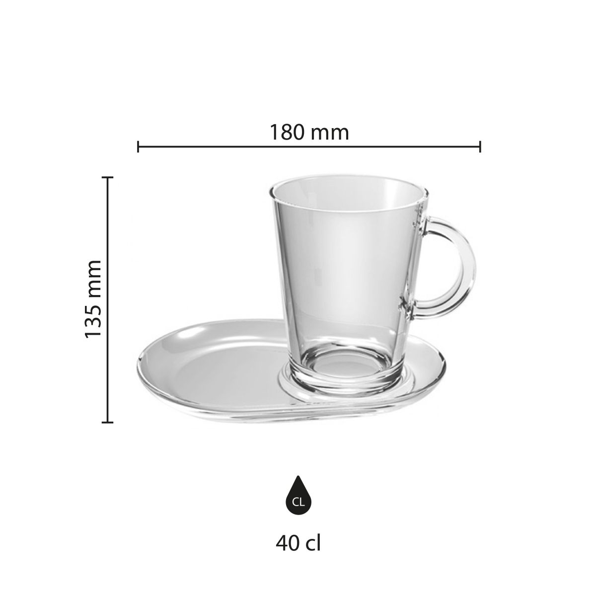 Infografik mit den Produktabmessungen von Tribeca Tea 40 cl. Glas und Untertasse.