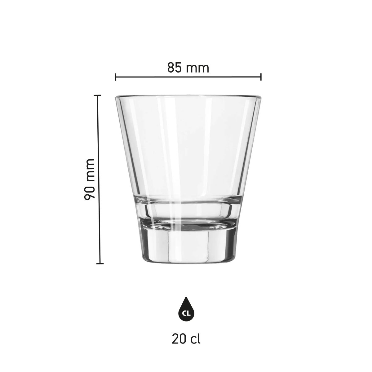 Infografik mit Produktabmessungen des Tumbler Libbey Endeavor 20 cl. mit Maßstab.