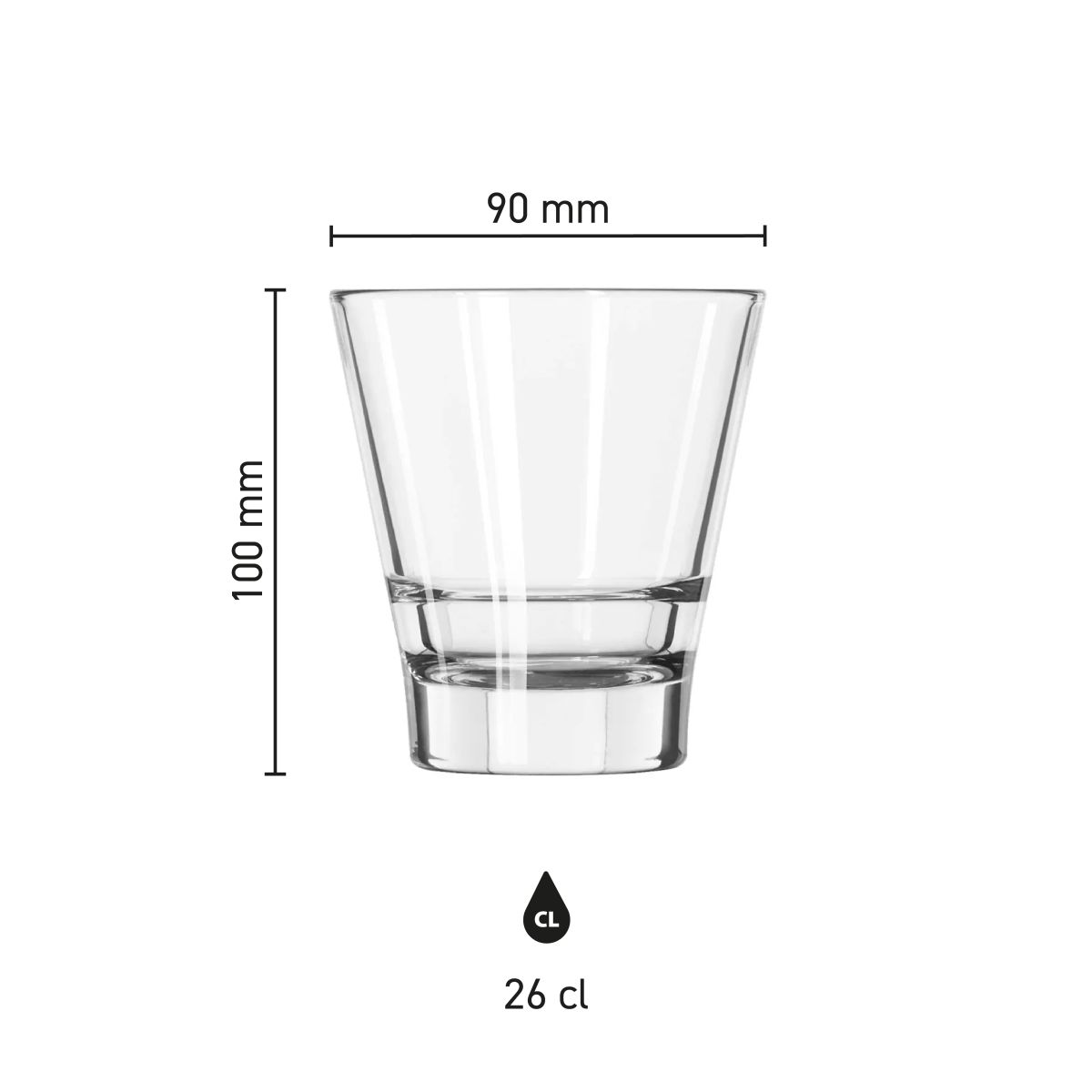 Infografik mit den genauen Abmessungen des Bechers Libbey Endeavor 26 cl. einschließlich Durchmesser und Höhe.