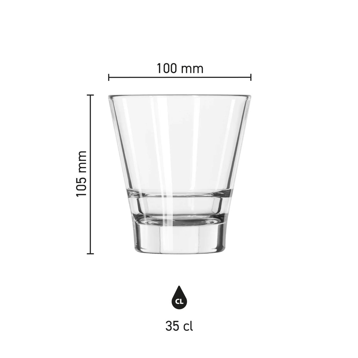 Infografik mit den Abmessungen des Bechers Libbey Endeavor Glas 35 cl. einschließlich Höhe und Durchmesser.