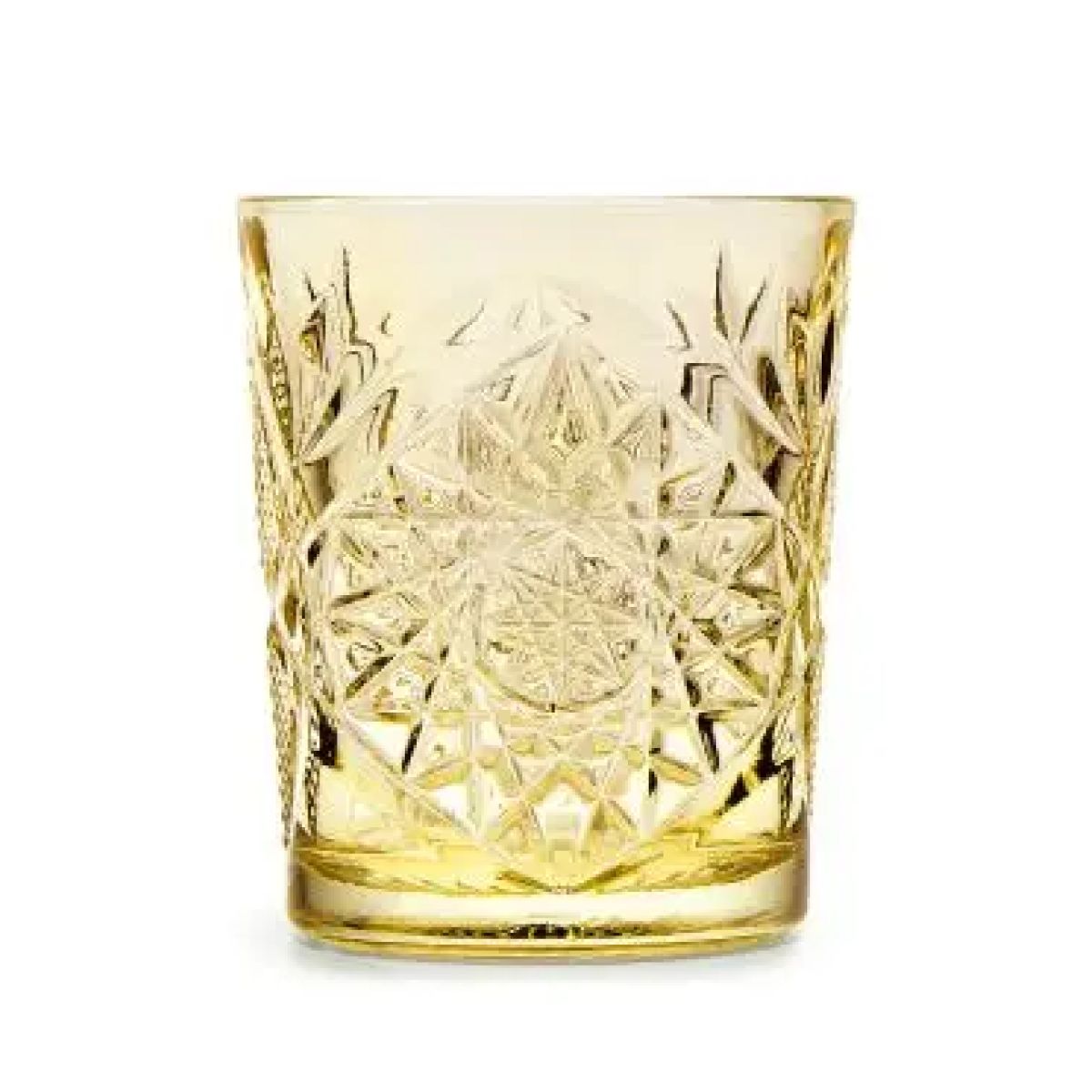 Gelber Becher Onis Hobstar 35 cl Glas mit geschliffenem Sternmuster, Vorderansicht ohne Druck