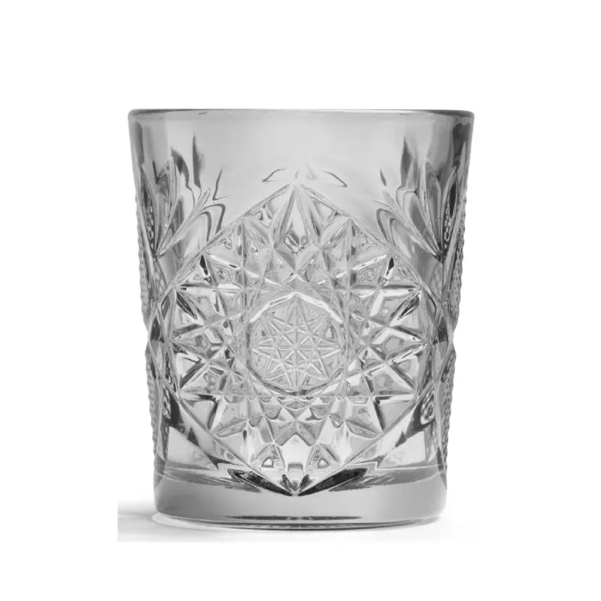 Grauer Becher Onis Hobstar 35 cl Glas mit geschliffenem Sternmuster, Vorderansicht ohne Druck