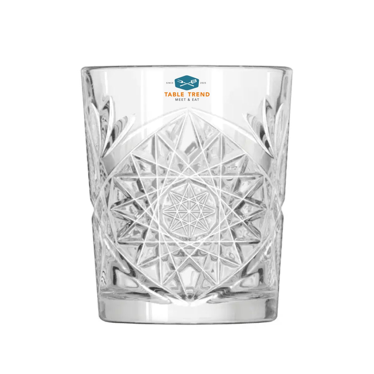 Transparenter Becher Onis Hobstar 35 cl Glas mit mehrfarbigem TableTrend-Logo auf der Frontplatte