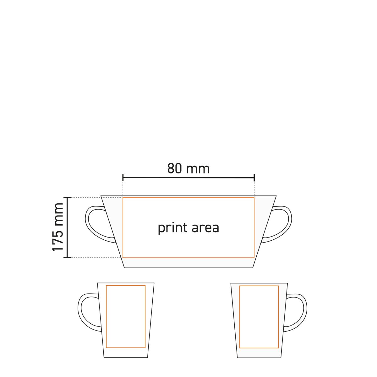 Technische Zeichnung des Victor Tasse 24 cl. mit Markierung der Druckfläche.